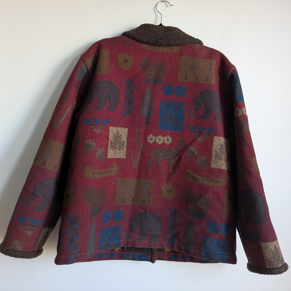 Pendleton Originals Wool Sherpa Trim Blanket Coat Bear Moose Print Burgundy L - Picture 3 of 14